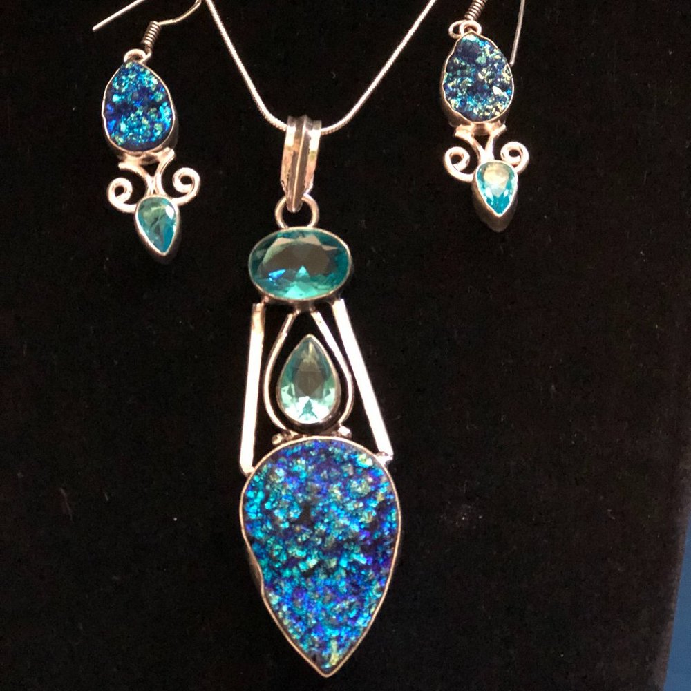Titanium Druzy & Blue Topaz 925 Stamped Necklace + Earrings + Bracelet